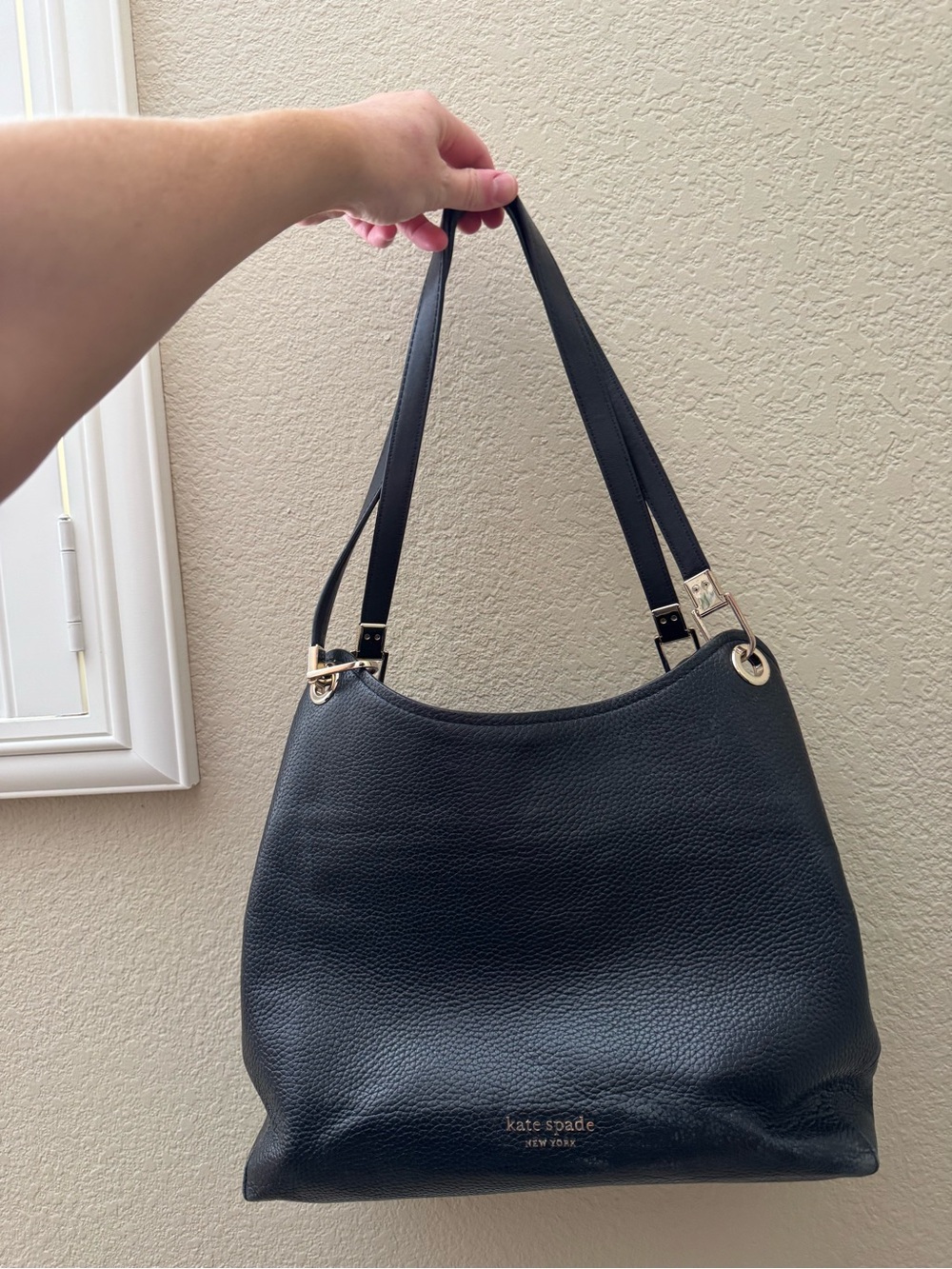 kate spade Black Pebbled Leather Shoulder Tote with Gold Hardware